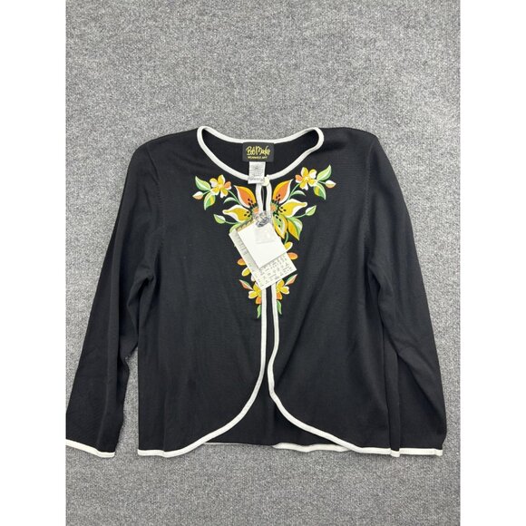 Bob Mackie Wearable Art Sweater Womens Large Black Embroidered Floral Cardigan - Picture 1 of 6